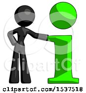 Black Design Mascot Woman With Info Symbol Leaning Up Against It