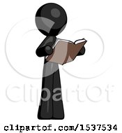 Black Design Mascot Man Reading Book While Standing Up Facing Away