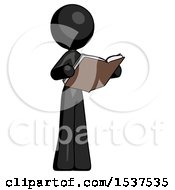 Black Design Mascot Woman Reading Book While Standing Up Facing Away