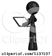 Poster, Art Print Of Black Design Mascot Woman Looking At Tablet Device Computer With Back To Viewer