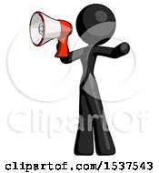 Poster, Art Print Of Black Design Mascot Woman Shouting Into Megaphone Bullhorn Facing Left
