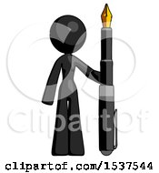 Black Design Mascot Woman Holding Giant Calligraphy Pen