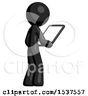 Poster, Art Print Of Black Design Mascot Man Looking At Tablet Device Computer Facing Away