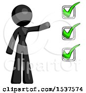 Poster, Art Print Of Black Design Mascot Woman Standing By A Checkmark List Arm Extended