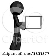 Poster, Art Print Of Black Design Mascot Man Show Tablet Device Computer To Viewer Blank Area