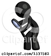 Black Design Mascot Man Inspecting With Large Magnifying Glass Left