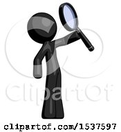 Black Design Mascot Man Inspecting With Large Magnifying Glass Facing Up