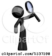 Poster, Art Print Of Black Design Mascot Woman Inspecting With Large Magnifying Glass Facing Up