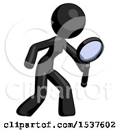 Poster, Art Print Of Black Design Mascot Woman Inspecting With Large Magnifying Glass Right