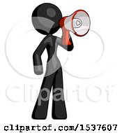 Poster, Art Print Of Black Design Mascot Woman Shouting Into Megaphone Bullhorn Facing Right