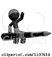 Black Design Mascot Man Riding A Pen Like A Giant Rocket