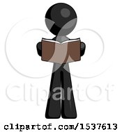 Poster, Art Print Of Black Design Mascot Man Reading Book While Standing Up Facing Viewer