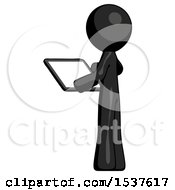 Poster, Art Print Of Black Design Mascot Man Looking At Tablet Device Computer With Back To Viewer