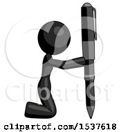 Black Design Mascot Woman Posing With Giant Pen In Powerful Yet Awkward Manner Because Funny