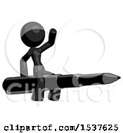 Black Design Mascot Woman Riding A Pen Like A Giant Rocket