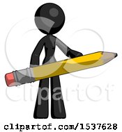 Poster, Art Print Of Black Design Mascot Woman Office Worker Or Writer Holding A Giant Pencil