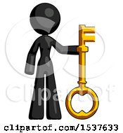 Black Design Mascot Woman Holding Key Made Of Gold
