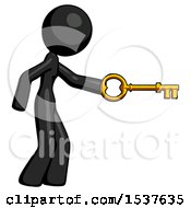 Black Design Mascot Woman With Big Key Of Gold Opening Something