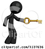 Black Design Mascot Man With Big Key Of Gold Opening Something