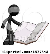 Poster, Art Print Of Black Design Mascot Woman Reading Big Book While Standing Beside It