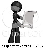 Poster, Art Print Of Black Design Mascot Woman Holding Blueprints Or Scroll