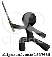 Poster, Art Print Of Black Design Mascot Man With Ninja Sword Katana In Defense Pose