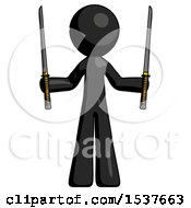 Black Design Mascot Man Posing With Two Ninja Sword Katanas Up