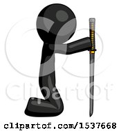 Poster, Art Print Of Black Design Mascot Man Kneeling With Ninja Sword Katana Showing Respect