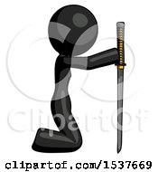 Poster, Art Print Of Black Design Mascot Woman Kneeling With Ninja Sword Katana Showing Respect