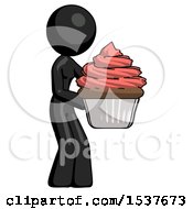 Poster, Art Print Of Black Design Mascot Woman Holding Large Cupcake Ready To Eat Or Serve