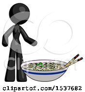 Poster, Art Print Of Black Design Mascot Woman And Noodle Bowl Giant Soup Restaraunt Concept
