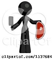 Black Design Mascot Woman Holding Large Steak With Butcher Knife