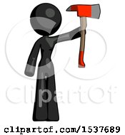 Poster, Art Print Of Black Design Mascot Woman Holding Up Red Firefighters Ax