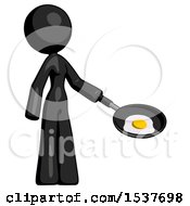 Poster, Art Print Of Black Design Mascot Woman Frying Egg In Pan Or Wok Facing Right