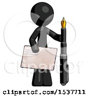 Black Design Mascot Man Holding Large Envelope And Calligraphy Pen