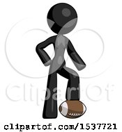 Poster, Art Print Of Black Design Mascot Woman Standing With Foot On Football