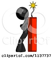 Poster, Art Print Of Black Design Mascot Woman Leaning Against Dynimate Large Stick Ready To Blow