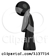 Black Design Mascot Man Depressed With Head Down Back To Viewer Left