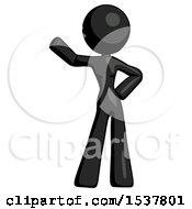 Black Design Mascot Woman Waving Right Arm With Hand On Hip