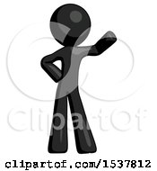 Black Design Mascot Man Waving Left Arm With Hand On Hip