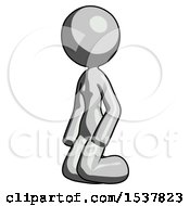 Gray Design Mascot Woman Kneeling Angle View Left