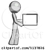 Gray Design Mascot Woman Show Tablet Device Computer To Viewer Blank Area