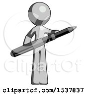 Gray Design Mascot Man Posing Confidently With Giant Pen