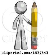 Poster, Art Print Of Gray Design Mascot Woman With Large Pencil Standing Ready To Write