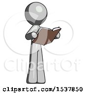 Poster, Art Print Of Gray Design Mascot Man Reading Book While Standing Up Facing Away