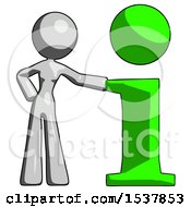 Poster, Art Print Of Gray Design Mascot Woman With Info Symbol Leaning Up Against It