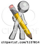 Gray Design Mascot Man Writing With Large Pencil