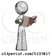 Poster, Art Print Of Gray Design Mascot Woman Reading Book While Standing Up Facing Away