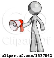 Poster, Art Print Of Gray Design Mascot Woman Holding Megaphone Bullhorn Facing Right