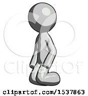 Gray Design Mascot Man Kneeling Angle View Left